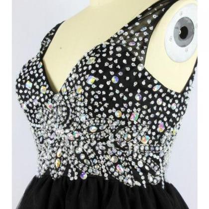 Luxury Crystal Short Black Prom Dress,short..