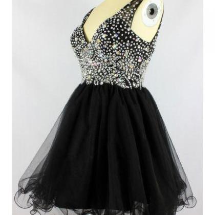 Luxury Crystal Short Black Prom Dress,short..