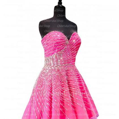 Luxury Crystal Fuschia Sweetheart Prom Dress,short..