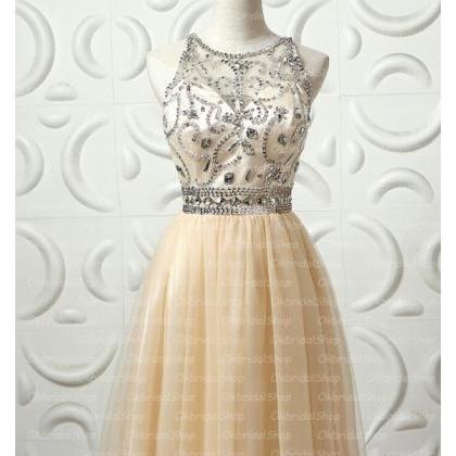 Cute Short Tulle Sheer Neck Prom Dresses, Short..