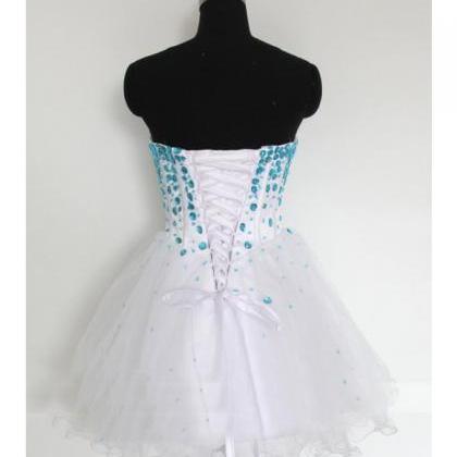 Short White Strapless Prom Gowns With Blue..