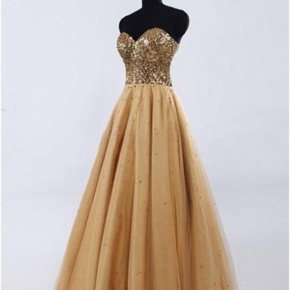 Lovely Gold Tulle Sweetheart Crystal Prom Gown,..