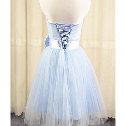Mini Strapless Blue Tulle Evening Dress ,..