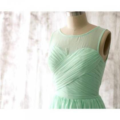 Elegant Sheer Neck Mint Green Bridesmaid Dresses,..