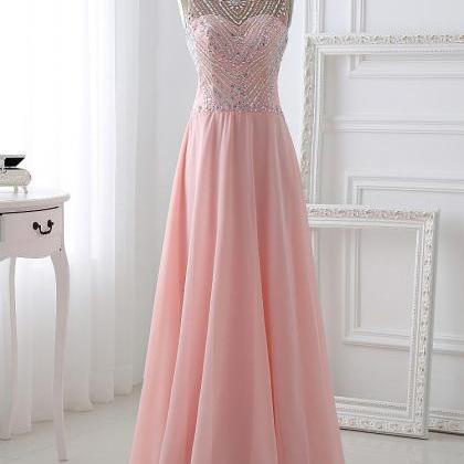 Pretty Chiffon Pink Beaded A Line Prom Gowns, Pink..