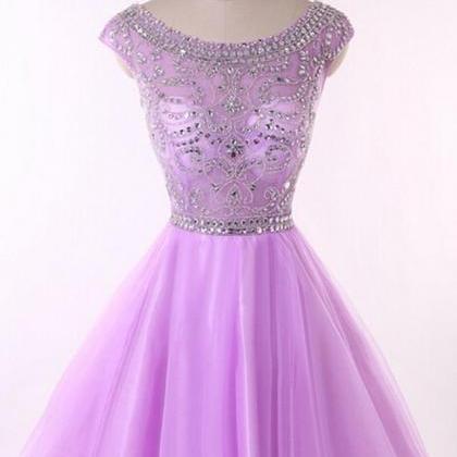 Light Purple Sheer Neck Short Prom Gowns,purple..