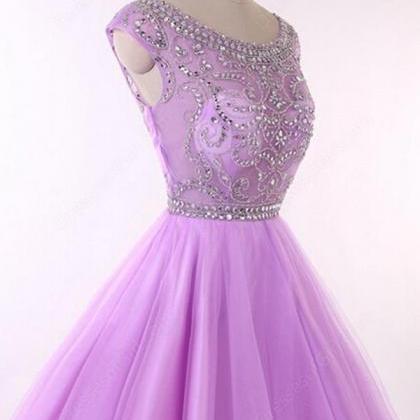 purple prom sheer neck short light dresses homecoming embellished gowns beaded