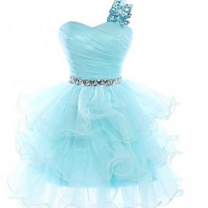 One Shoulder Organza Blue Homecoming Dresses With..