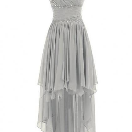 Grey One Shoulder Chiffon Ruched High Low Evening..