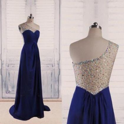 One Shoulder Royal Blue Backless Prom Dresses With..