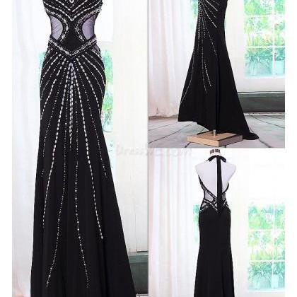 Black Chiffon Halter Prom Dresses With Illusion..