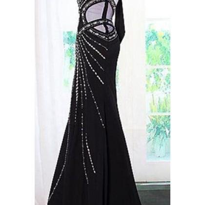 Black Chiffon Halter Prom Dresses With Illusion..