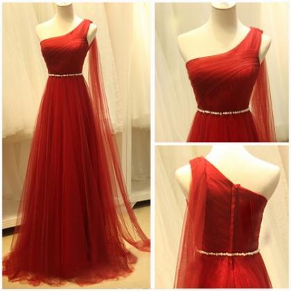 Red One Shoulder Tulle Prom Dresses With Beaded..