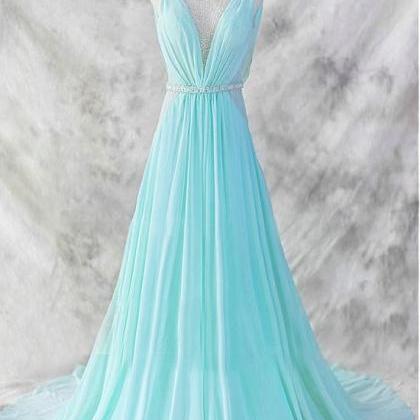 Deep V Neck Blue Chiffon Prom Dresses With Beaded..