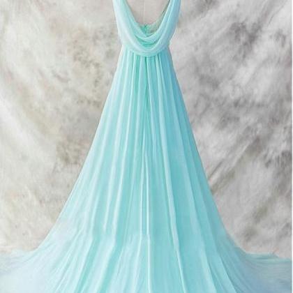 Deep V Neck Blue Chiffon Prom Dresses With Beaded..