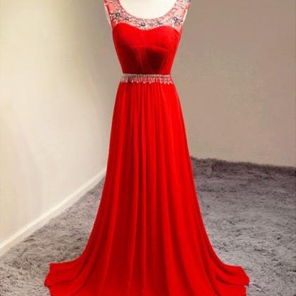 Red Beaded Illusion Neckline Chiffon Prom Dresses..