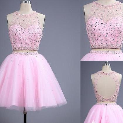 Sexy Backless Two Piece Pink Beaded Embellished..