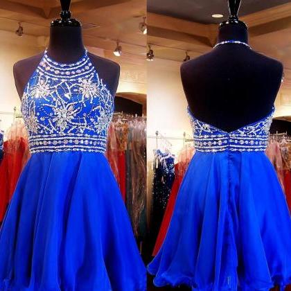Royal Blue Halter Chiffon Homecoming Dresses With..