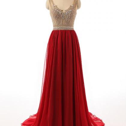 Elegant V Neck Red Beaded Bridesmaid Dresses,..