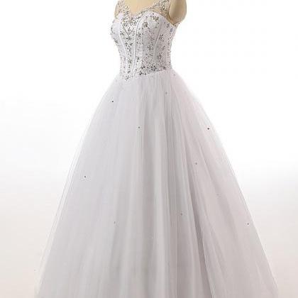 White Ball Gown V Neck Tulle Bridesmaid Dresses..
