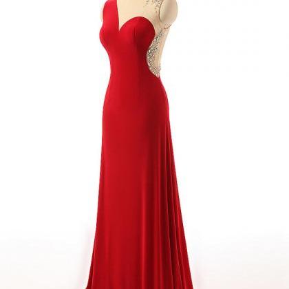 Red Chiffon Prom Dresses Illusion Jewel Neckline..