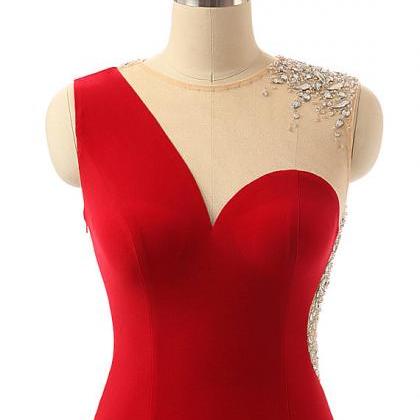 Red Chiffon Prom Dresses Illusion Jewel Neckline..