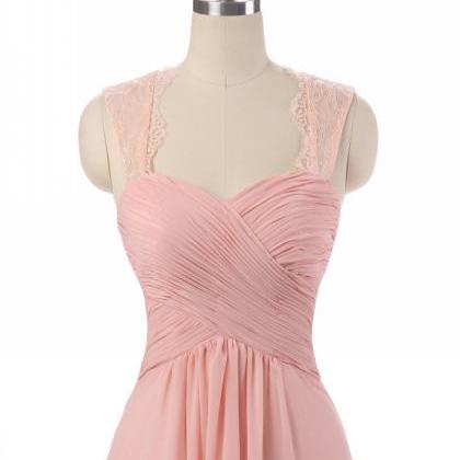 Pink Chiffon Prom Dresses With Lace Straps And..
