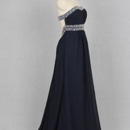 Long Chiffon Sweetheart Navy Blue Prom Dresses..
