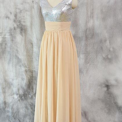 Sparkly Sequined V Neck Chiffon Champagne Formal..