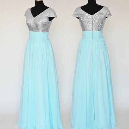 Light Blue V Neck Sequined Prom Dresses , Cap..