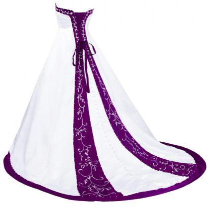 White And Purple Sweetheart Strapless Embroidered..