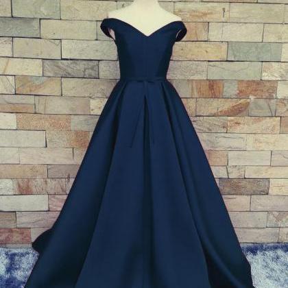 Charming Dark Navy Blue A Line Prom Dresses Satin..