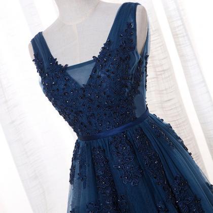 Sexy Dark Navy Backless Lace Appliques Tulle Prom..
