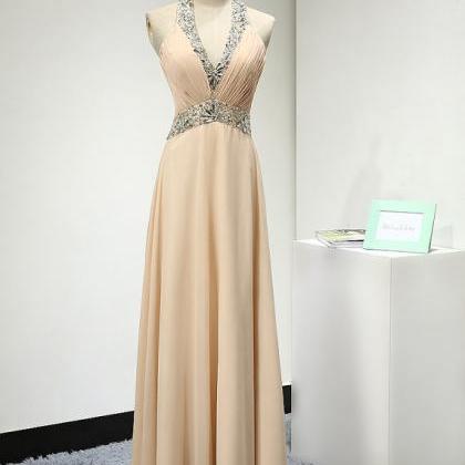 Halter Plunging V Beaded Ruched Chiffon A-line..