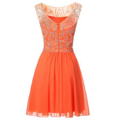 Charming Sheer Neck Chiffon Orange Homecoming Dresses,Luxury Short ...