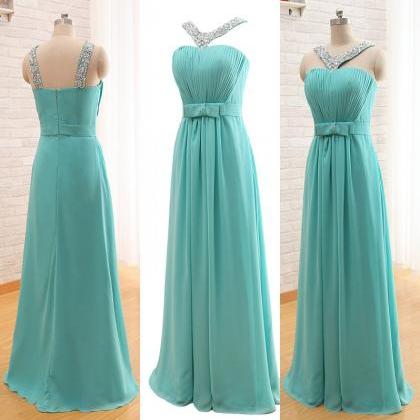 Turquoise Long Chiffon Prom Gowns V Neck Beaded..