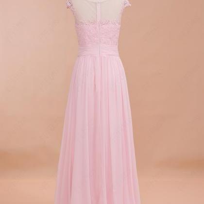 Lace Illusion Neck Chiffon Maxi Dresses with Bow Candy Pink