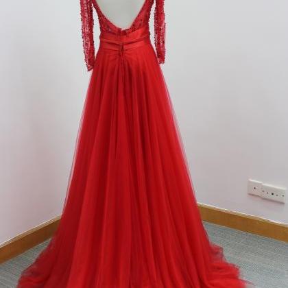 Sexy Red Long Sleeve Evening Dresses With Illusion..