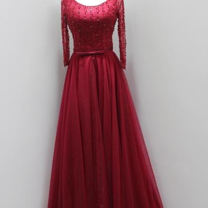 Elegant Burgundy Long Sleeve Evening Dresses With..