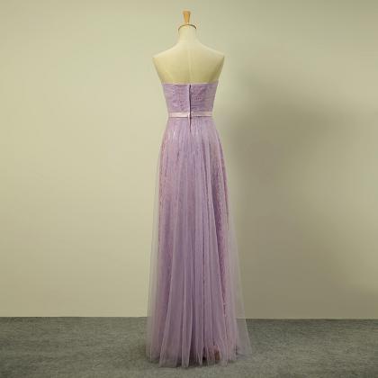 Long Elegant Light Purple Sweetheart Ruched Lace..