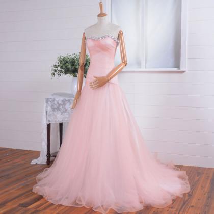 Pink Tulle Floor Length Sweetheart Prom Dress ,..