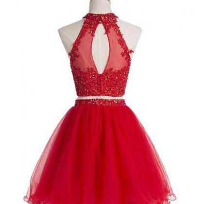Red Beaded Two Piece Homecoming Dresses, Short..