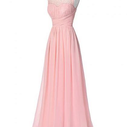 Pink Floor Length Elegant Chiffon Bridesmaid Dress..