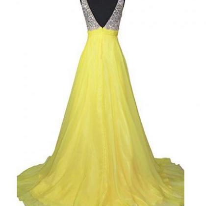 2017 Yellow Long V Neck A Line Evening Dresses..