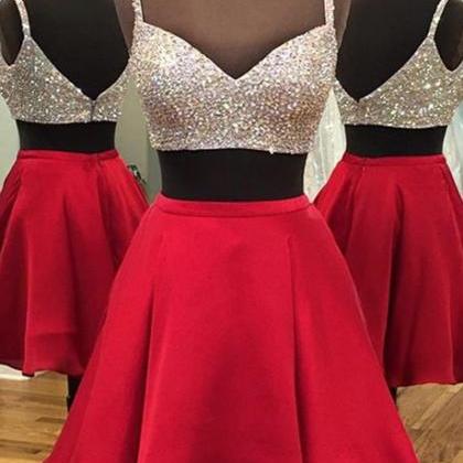 Short Red Satin Two Piece Dress Featuring Beaded..