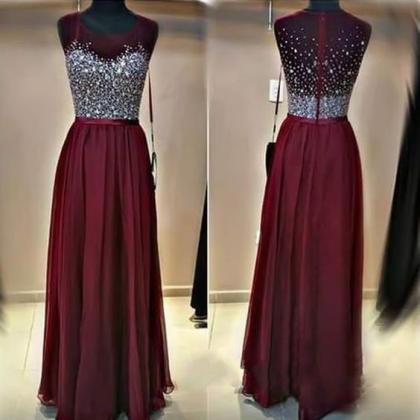 Long Burgundy Chiffon Formal Dresses Featuring Beaded Bodice With Sheer ...