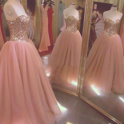 Sparkly Blush Tulle Ball Gown Formal Dresses..