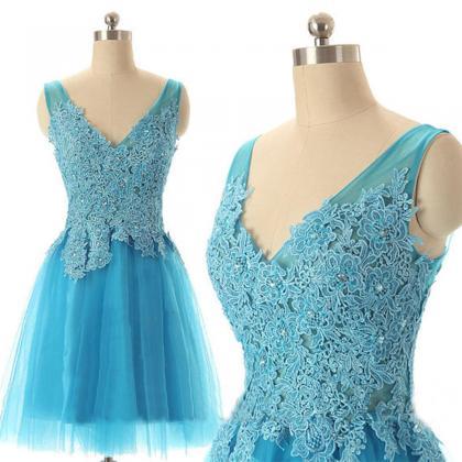 Sexy Short Tulle Light Blue Dress Featuring Lace..