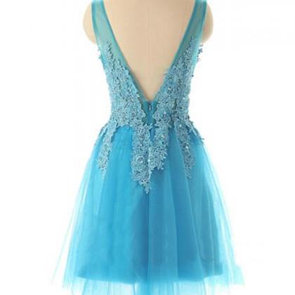 Sexy Short Tulle Light Blue Dress Featuring Lace..