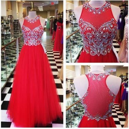 Long Red Tulle Formal Dresses Featuring Beaded..